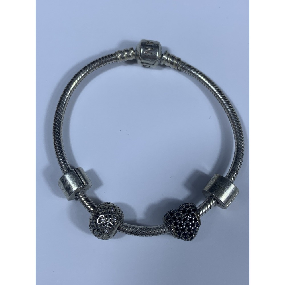 Pandora Sterling Silver Charm Braclet Heart Charm 7 Inch Black Diamond 23 Grams